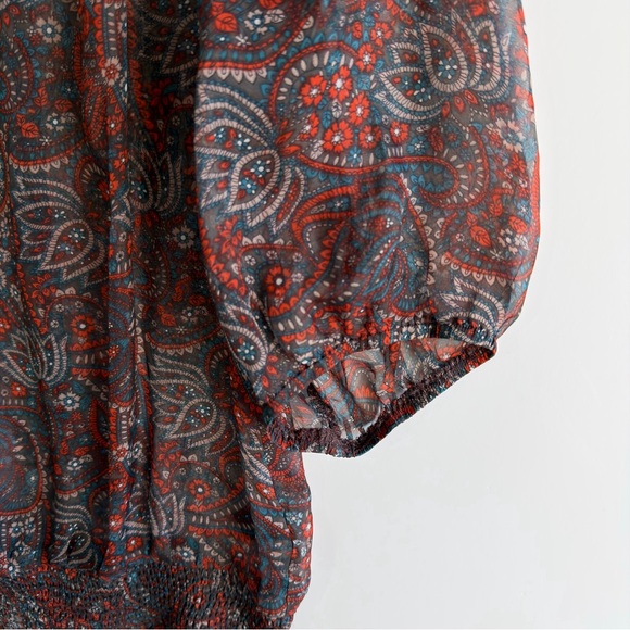 Pleione 100% Silk Paisley Smocked Waist Blouse Large Nordstrom Boho Peplum Top - Picture 5 of 13
